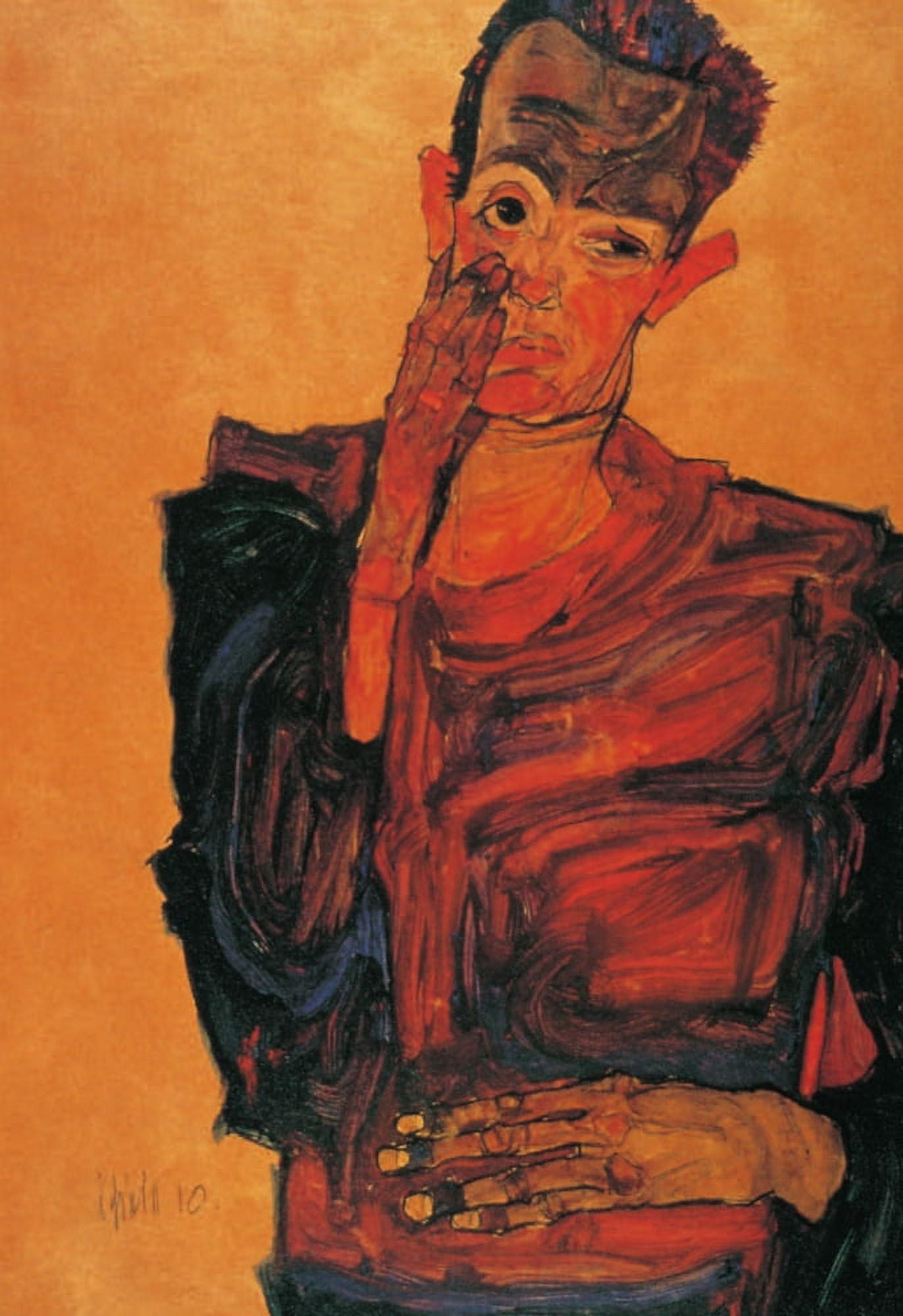 Self-portrait with hand to cheek 1910 Canvas Art - Egon Schiele (18 x 24)