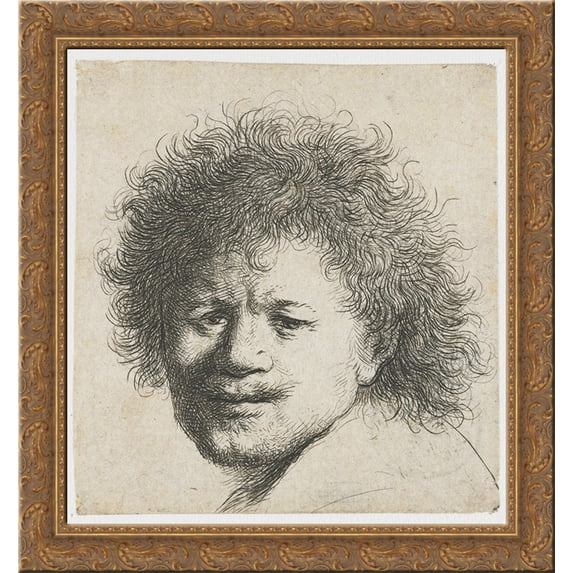 Self portrait with long bushy hair 20x20 Gold Ornate Wood Framed Canvas Art by Rembrandt