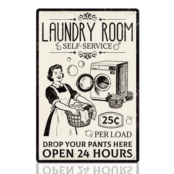 Self-service Laundry Room Tin Sign Retro Metal Wall Decor 8" x 12" Vintage 24 Hours Laundry Wall Art Poster for Home Bathroom
