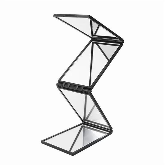 Self-trimming mirror with four sides, featuring a mirror that allows you to see the back of your head. The mirror is foldable, portable, and can be used for makeup application from multiple angles.