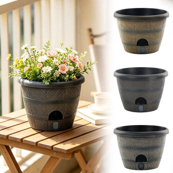 Self-watering Barrel-style Planter, Thickened Double-layer Plastic Pot with Water Reservoir, Indoor Outdoor Home Decor Container, Weather Resistant, Topliu