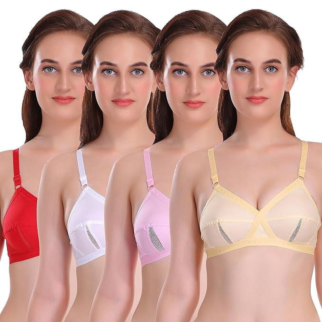 Selfcare Women Wirefree Non Padded Super Combed 100% Pure Soft Cotton Full Coverage Casual Net Cut Design Everyday Bra with Adjustable Straps Pack of 4