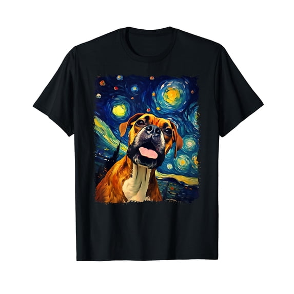 Selfie Boxer Dog Starry Night Painting Van Gogh Funny Dog T-Shirt