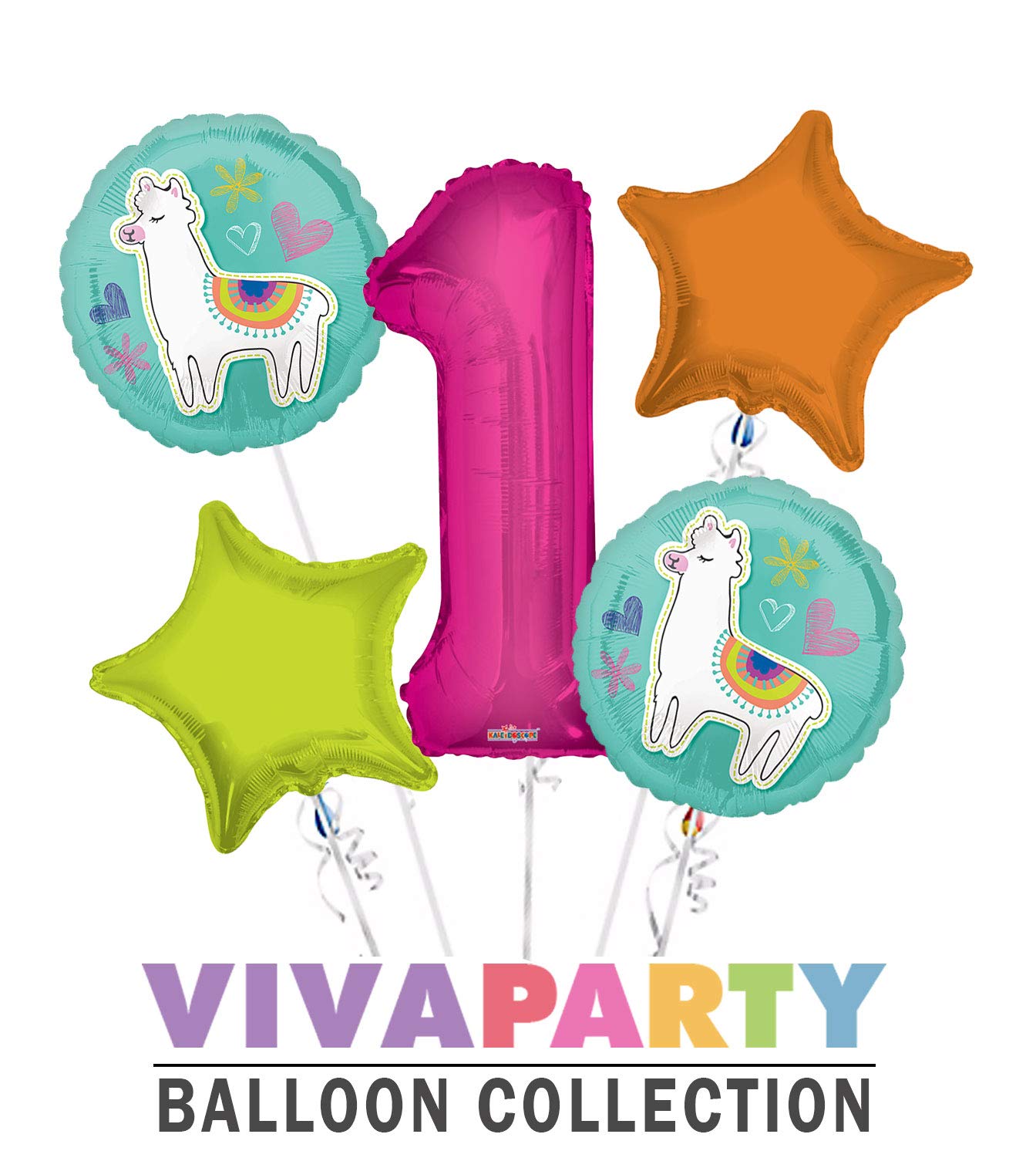 MIXED Selfie Celebration Llama Round Balloon Bouquet 5 pc, 1st Birthday, Hotpink Number 1 Jumbo Balloon | Viva Party Balloon Collection