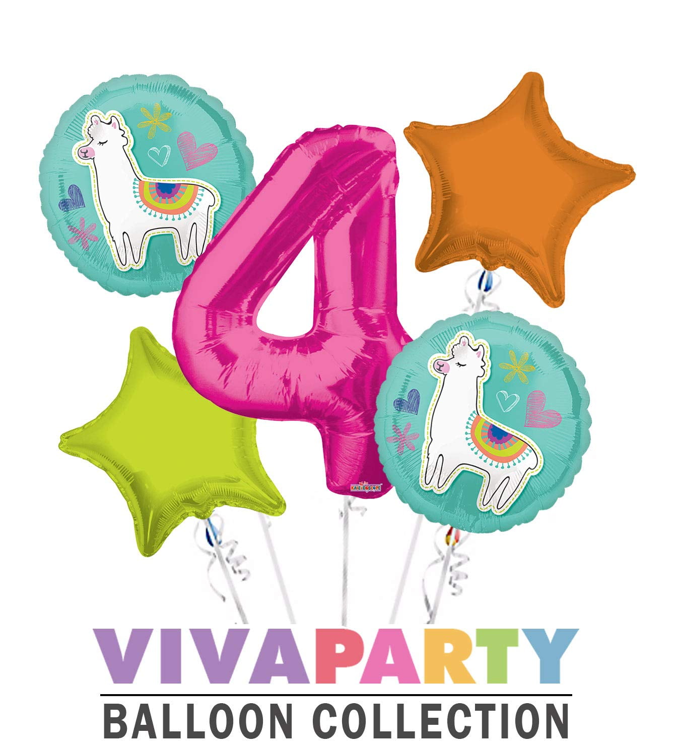 MIXED Selfie Celebration Llama Round Balloon Bouquet 5 pc, 4th Birthday, Hotpink Number 4 Jumbo Balloon | Viva Party Balloon Collection