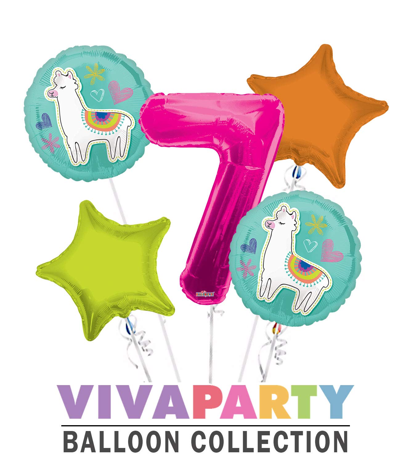 MIXED Selfie Celebration Llama Round Balloon Bouquet 5 pc, 7th Birthday, Hotpink Number 7 Jumbo Balloon | Viva Party Balloon Collection