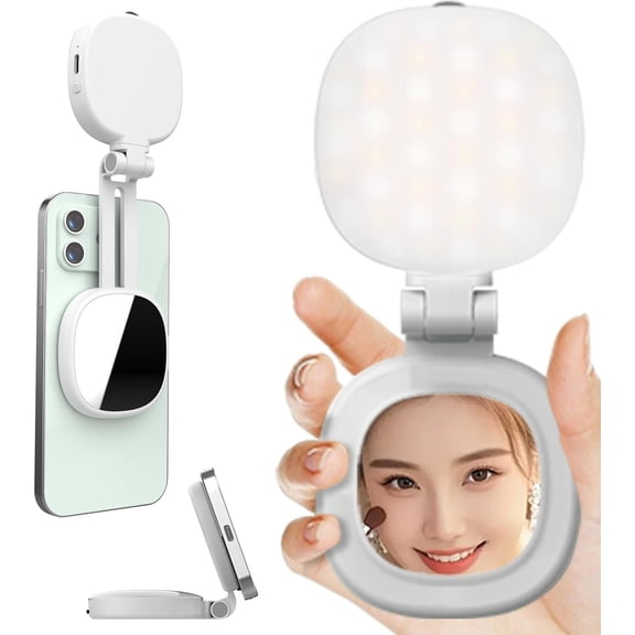 Selfie Light, 3-in-1  Selfie for  with Mirror, Foldable Portable Phone,  Color Temperature 360? Rotation Video Light for Makeup, Live Streaming, Vlogging