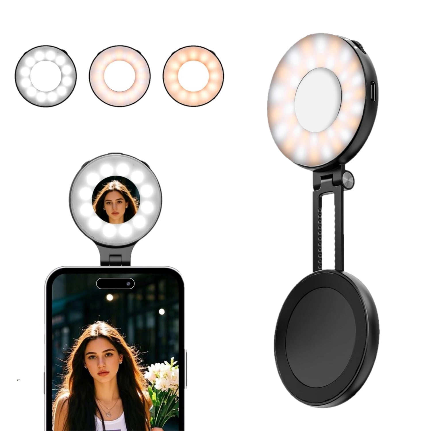 Behome Magnetic Selfie Light, 3 Color Modes & Adjustable Brightness, Retractable 360Phone Fill Light with Mirror, for Vlog/Photography/TikTok/Makeup