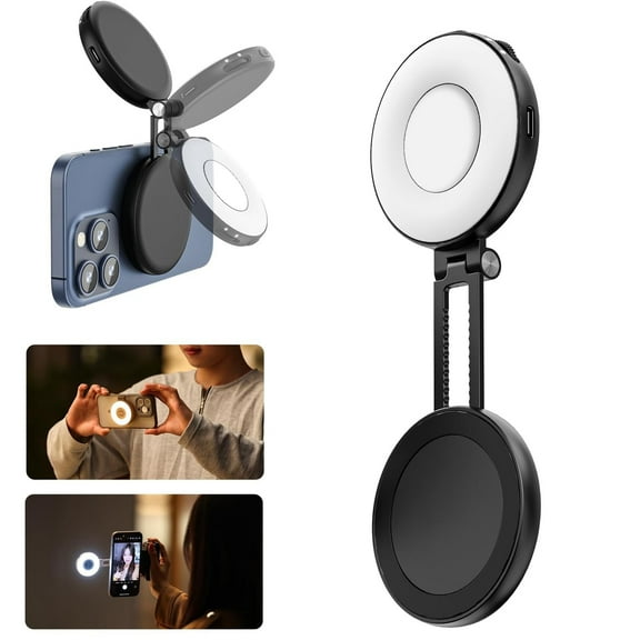 Behome Magnetic Selfie Light, 3 Color Modes & Adjustable Brightness, Retractable 360Phone Fill Light with Mirror, for Vlog/Photography/TikTok/Makeup