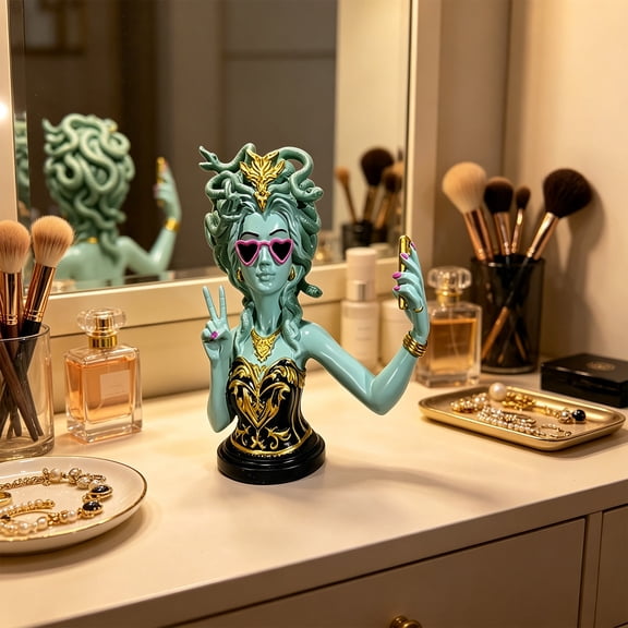 Selfie Medusa Bust Statue, 12 Inch Funny Modern Resin Medulla Sculpture with Heart Sunglasses, Novelty Gothic Tabletop Decor for Home Shelf Office Desk Halloween Ornament