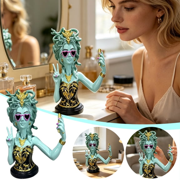 Selfie Medusa Bust Statue, 12 Inch HandPainted Solid Resin Figurine with Snake Hair, Whimsical Novelty Sculpture for Desk, Bookshelf, Bedroom, Office and Home Decor