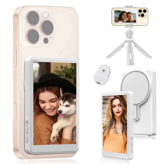 Selfie Monitor Screen for Phone, Magnetic Back Camera Monitor with 1800mAh, Wireless Phone Rear Screen Monitor Phone Selfie Screen with Remote Control for Content Creator, Influencer, Live Streaming