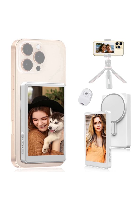 Selfie Monitor Screen for Phone, Magnetic Back Camera Monitor with 1800mAh, Wireless Phone Rear Screen Monitor Phone Selfie Screen with Remote Control for Content Creator, Influencer, Live Streaming