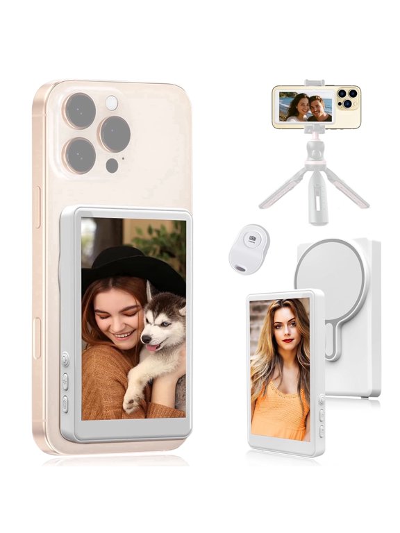 Selfie Monitor Screen for Phone, Magnetic Back Camera Monitor with 1800mAh, Wireless Phone Rear Screen Monitor Phone Selfie Screen with Remote Control for Content Creator, Influencer, Live Streaming