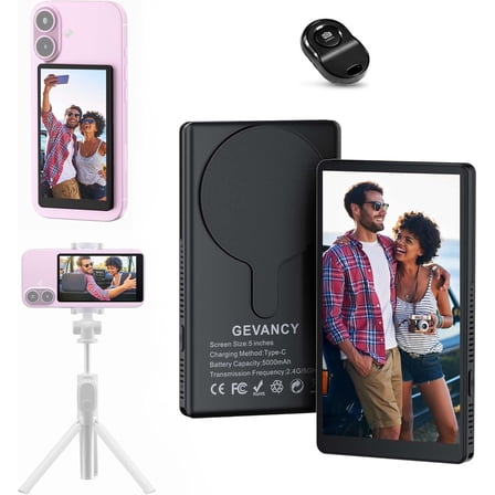 Selfie Monitor Screen with Touchscreen (5"), 5000mAh Magnetic Phone Vlog Selfie Monitor Screen, Back Camera Monitor Supports 4K 60fps for Vlog Live Stream TikTok, Compatible with iPhone & Android