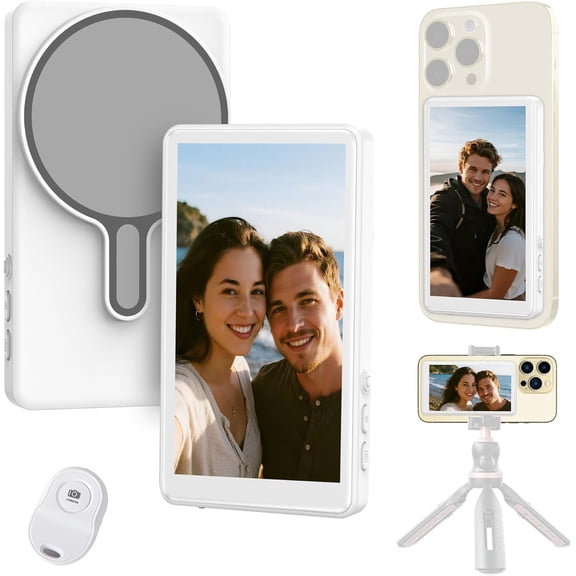 Selfie Monitor Screen for iPhone/Android,Magnetic Phone Vlog Selfie Screen with 1800mAh Battery&Bluetooth Remote,Wireless Back Camera Monitor for Live Streaming/TikTok(White)