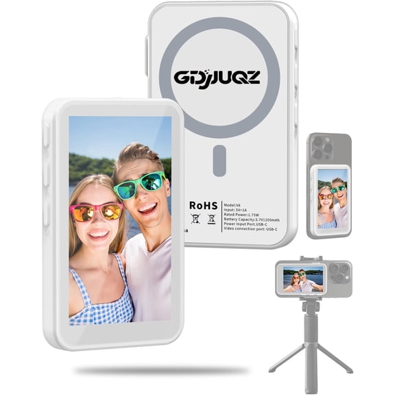 Selfie Monitor Screen for iPhone, Magnetic Phone Vlog Selfie Monitor Screen, Wireless Back Camera with Bluetooth Remote Control, Speaker for TikTok, Selfie Vlog, Live Streaming-White