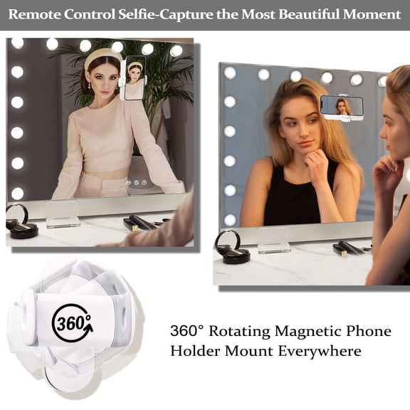 Selfie Remote Control Vanity Mirror with Lights 31.5x22.8 Inch, 0.6 Ultrathin Hollywood Makeup Mirror 18 LED Bulbs, Magnet Phone Holder, Tabletop Wall Mount, White+Silver