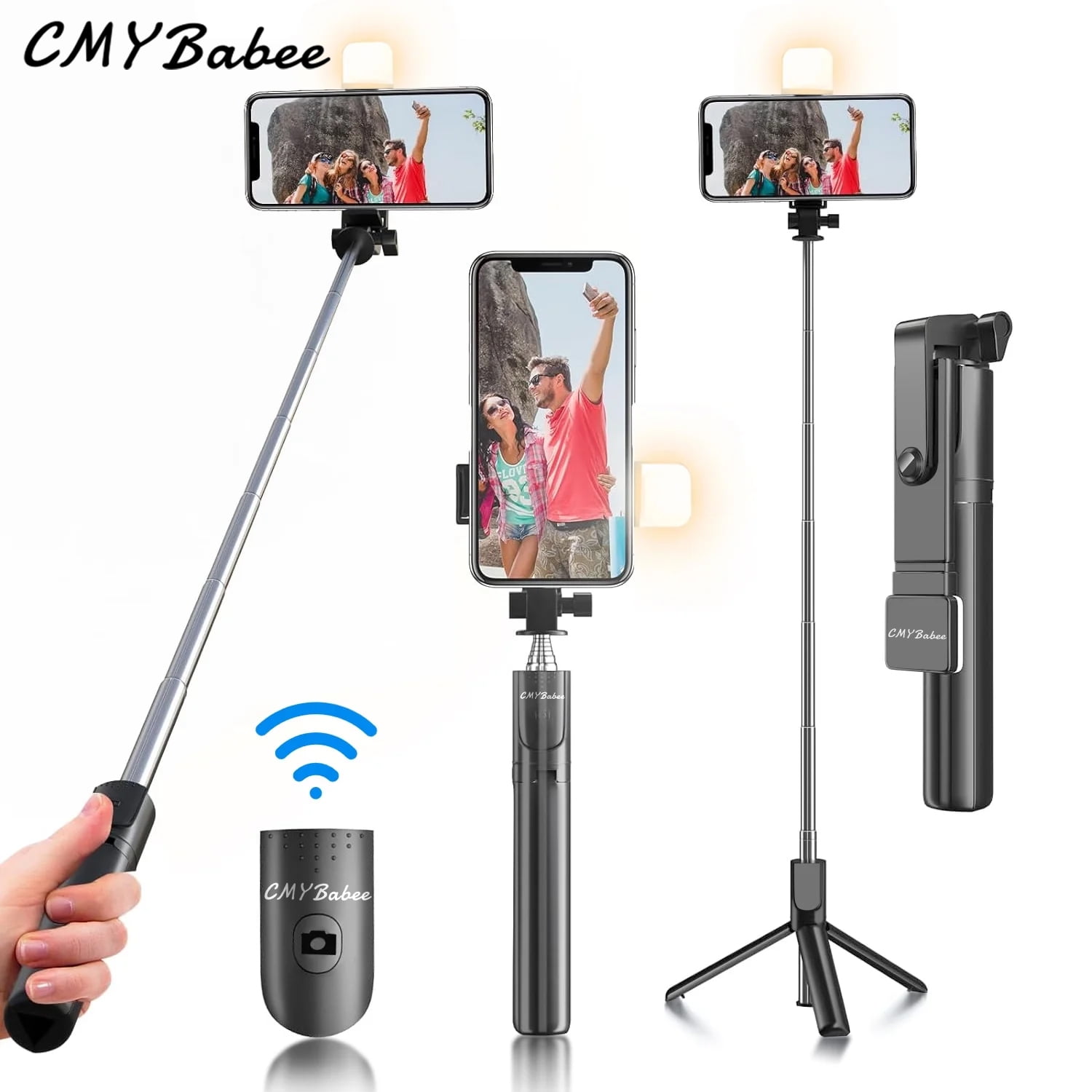 Selfie Stick, 40 in Retractable Selfie Stick Tripod with Remote, 2 Level Fill Light, Selfie Stick for Iphone Android, Black