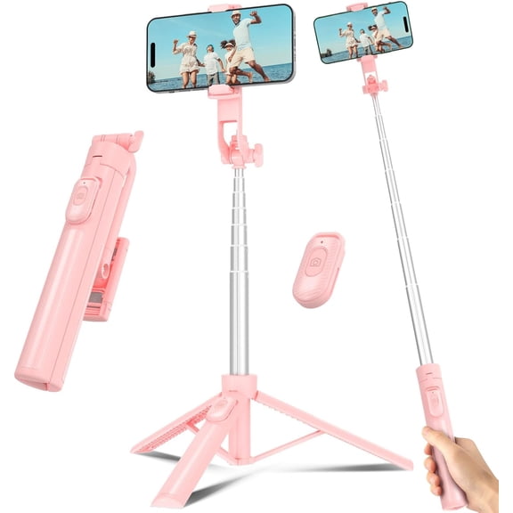 Selfie Stick Travel Tripod for Cell Phone with Remote Control and Phone Holder, Extendable Selfie Stick for iPhone, iPhone Tripod for Video Recording, 50 Inch, Pink