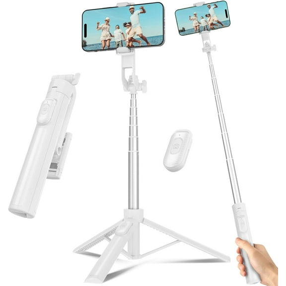 Selfie Stick Travel Tripod for Cell Phone with Remote Control and Phone Holder, Extendable Selfie Stick for iPhone, iPhone Tripod for Video Recording, 50 Inch, White