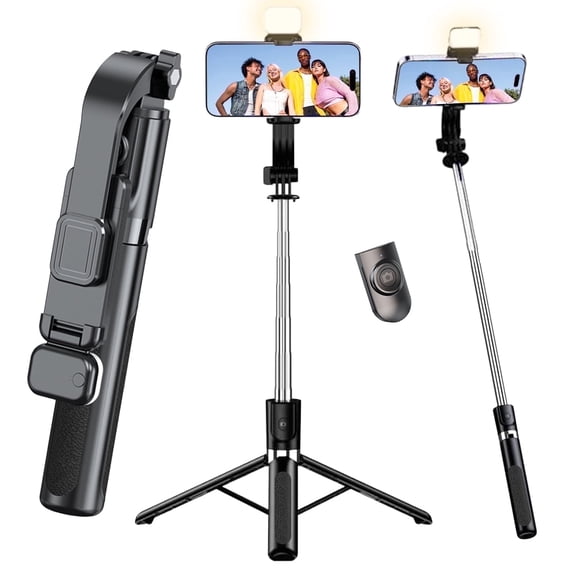 Phone Tripod Stand, 47" Extendable Tripod for iPhone with Light & Remote, Portable Travel Selfie Stick for Live Streaming & Vlog