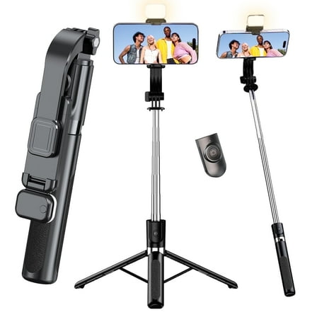 Phone Tripod Stand, 47" Extendable Tripod for iPhone with Light & Remote, Portable Travel Selfie Stick for Live Streaming & Vlog