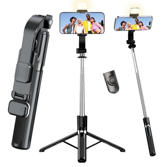 Phone Tripod Stand, 47" Extendable Tripod for iPhone with Light & Remote, Portable Travel Selfie Stick for Live Streaming & Vlog