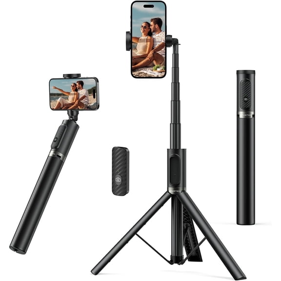 Selfie Stick Tripod, All-in-one Extendable Aluminum Phone Tripod with Rechargeable Bluetooth Remote, 360 Rotatable for iPhone 17 16 Pro Max/15/14/13 Samsung Smartphones, Black