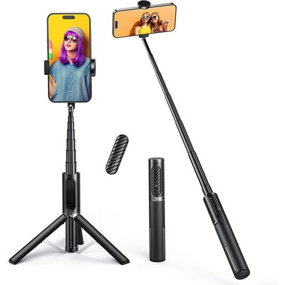 Selfie Stick Tripod, Extendable 3 in 1 Aluminum Bluetooth Selfie Stick with Wireless Remote and Tripod Stand for iPhone 16/15/14/13/12/11 Pro Max/XS Max/XS/XR/X/8/7, Samsung Smartphones Black