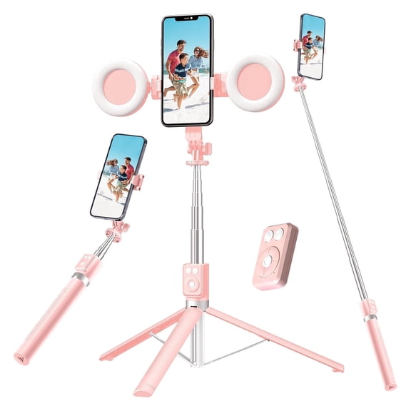 Selfie Stick Tripod with Fill Light, Bluetooth Remote for iPhone Android, Portable for Travel Vlogging - 2 Lights, 6 Modes, 360° Rotation, Pink