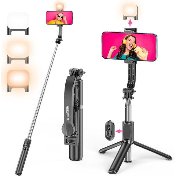Selfie Stick Tripod with Fill Light, All in One Extendable Selfie Stick with Detachable Wireless Remote, Flexible Phone Tripod Stand Compatible with iPhone/Galaxy, Compact Size & Lightweight