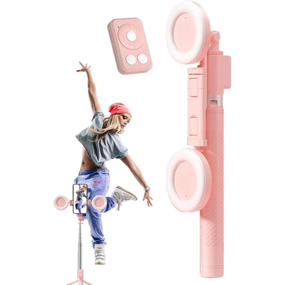 Selfie Stick Tripod with Fill Lights  6-in-1 Remote Control Stand | 1.7m Extra Long Telescopic Stainless Steel Pole | Foldable Portable Live Streaming Mount(Pink)