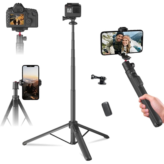 Selfie Stick Tripod for Gopro Camera, 66" Extendable Stand with 360 Ball Head, Lightweight Camera Max Hero 13 12 11 10 DJI OSMO Pocket3 Insta360 Action