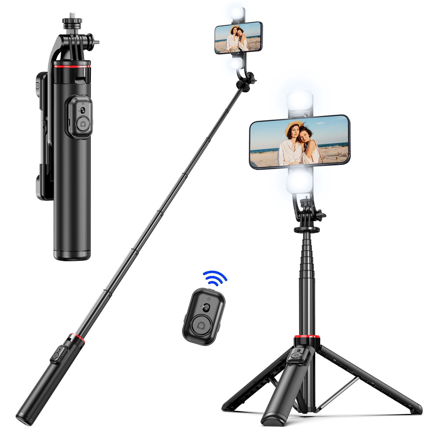 Selfie Stick Tripod with Light, 53'' Selfie Stick with Wireless Remote & All in 1 Phone Clip 360 Rotation Extendable Portable Smartphone Tripod Stand Compatible with Iphone/Android