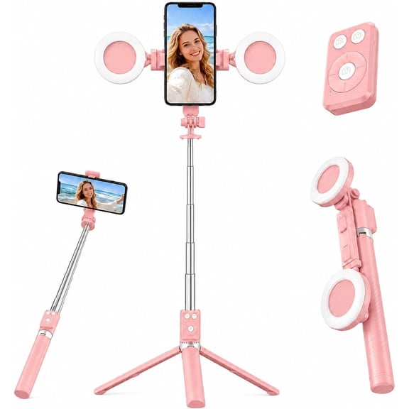 Selfie Stick Tripod with Light and Bluetooth Remote, 67" Extendable Mini Tripod Stand for iPhone Samsung Android, 6 in 1 Wireless Selfie Stick for TikTok YouTube Live Streaming(Pink)