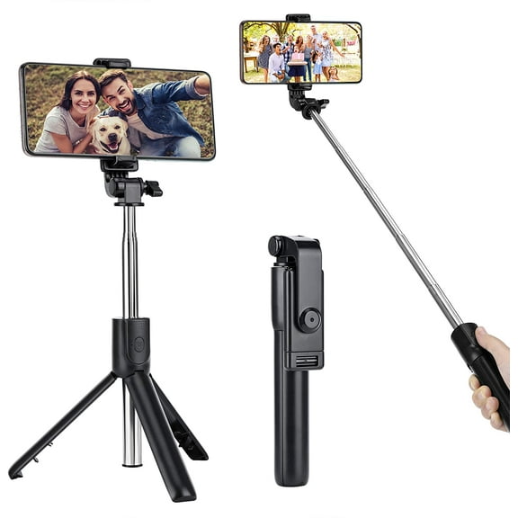 Selfie Stick Tripod, Portable Extendable 3 in 1 Stainless Steel Phone Tripod with Detachable Wireless Remote and Tripod Stand Selfie Stick (Black)