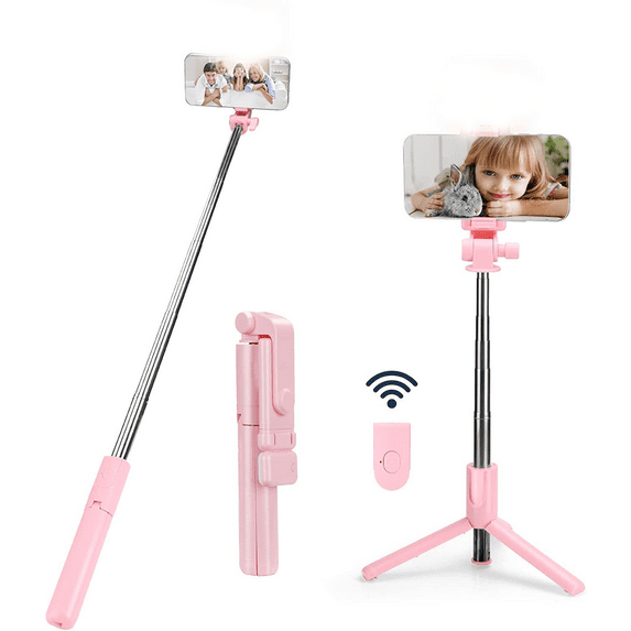 Selfie Stick Tripod Quadrapod, Onboard Light, Wireless Bluetooth Remote, Extendable, Stainless Steel, Compatible with All iPhone & Android Devices(pink)