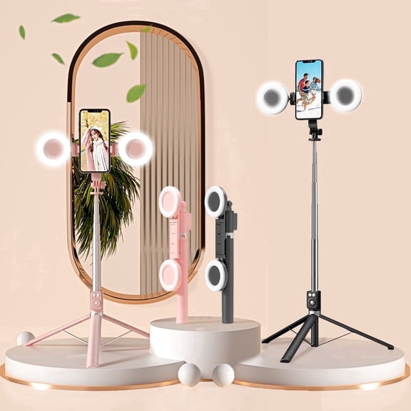 Selfie Stick Tripod with Ring Light - Black Multifunctional Phone Stand, Extendable Floor Tripod, Cell Phone Holder for Video Recording with Bluetooth Remote for Vlog/Live Streaming