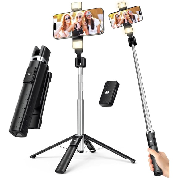 Selfie Stick Tripod for iPhone & Android, Phone Tripod Stand with Wireless Remote, 41" Extendable, 2 Rechargeable LED Fill Lights, Stainless Steel, 3 Light Modes and 9 Brightness Levels