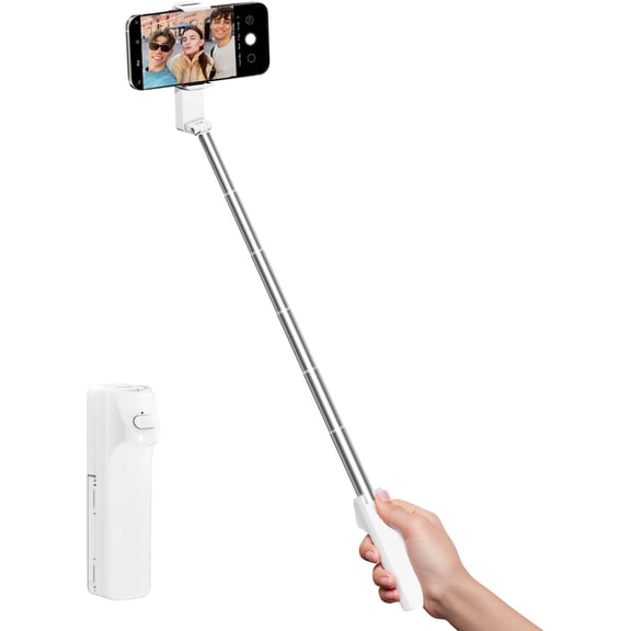 Selfie Stick for iPhone, Extended Portable Selfie Stick, Wireless Remote, Adujustable, Compact Phone Holder for Photograph, Video Recording, Streaming (White)