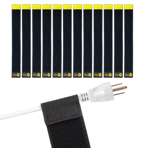 Selfie Straps by Wrap-It Storage, 9" (12 Pack) - Stretchy Hook and Loop Cord Organizer that Stays Attached to Cord for Electrical Cable Management - Black