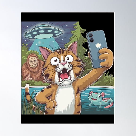 Selfie With The Strange: Cat, Bigfoot, Ufo & Axolotl Poster Wall Art, Modern Wall Decor For Living Room Bedroom, 24x36 UNFRAMED