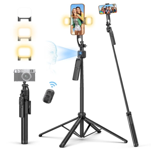 SelfieShow 64” Auto Face Tracking Tripod for iPhone, 360° Rotating Selfie Stick Tripod, Handheld Stabilization with Remote Control and Fill Light, for TikTok Vlog Video Recording