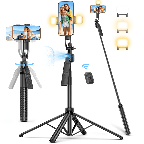 SelfieShow 64” Auto Face Tracking Tripod for iPhone, 360° Rotating Selfie Stick Tripod, Handheld Stabilization with Remote Control and Fill Light, for TikTok Vlog Video Recording