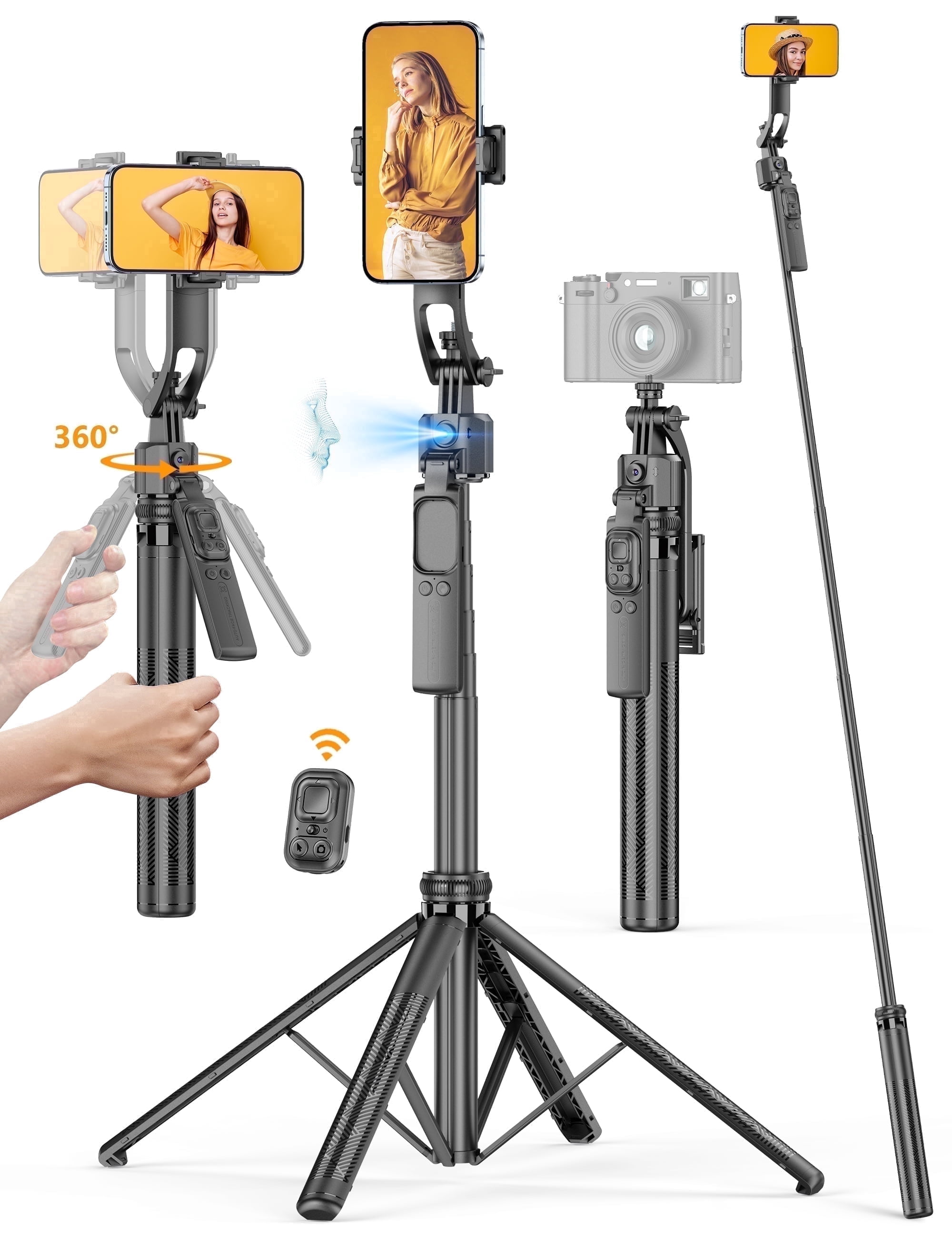 SelfieShow 64'' Auto Face Tracking Tripod 360 Rotation with Stand,Handheld Stabilization, Aluminum Selfie Stick Phone Tripod with Remote & Phone Holder Compatible with iPhone, Android, Camera, GoPro