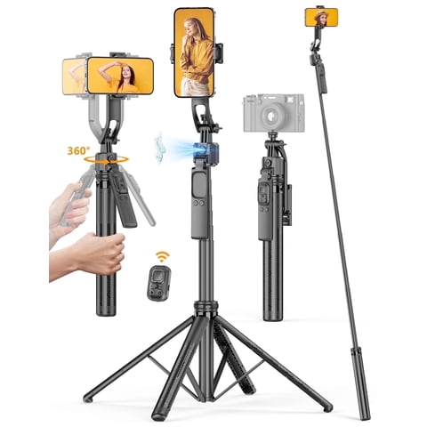 SelfieShow 64'' Auto Face Tracking Tripod 360 Rotation with Stand,Handheld Stabilization, Aluminum Selfie Stick Phone Tripod with Remote & Phone Holder Compatible with iPhone, Android, Camera, GoPro
