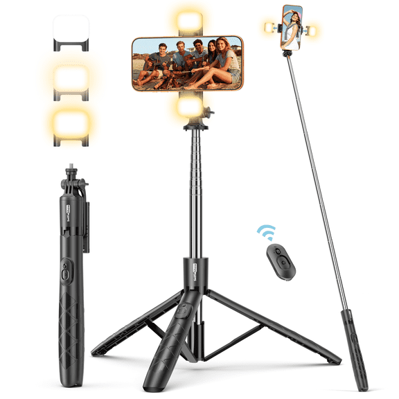 SelfieShow 71'' Selfie Stick Tripod, Portable All in One Extendable Cell Phone Tripod Stand, 360° Rotation, with Remote &Fill Light, Tripod for iphone and Android (Black)