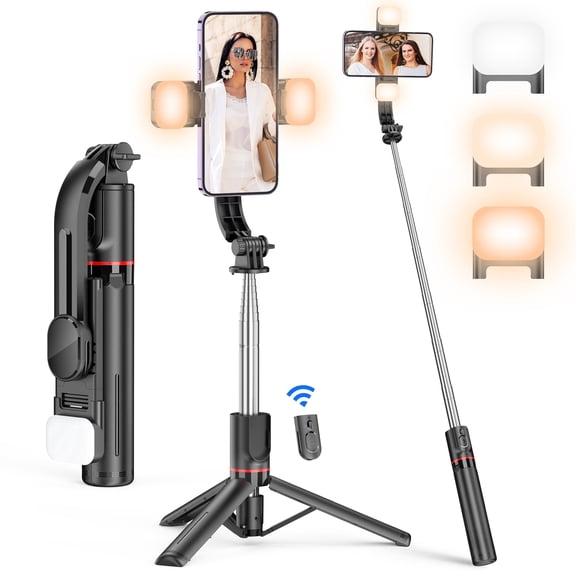SelfieShow Selfie Stick, 45'' Extendable Selfie Stick Tripod, 360° Rotating Portable Phone Tripod with Bluetooth Remote and 2 LED Lights for iPhone and Android (Black)