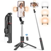 SelfieShow Selfie Stick, 45 Extendable Selfie Stick Tripod, 360  Rotating Portable Phone Tripod with Bluetooth Remote and 2 LED Lights for iPhone and Android Black
